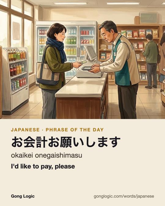 The Japanese word お会計お願いします, illustrated