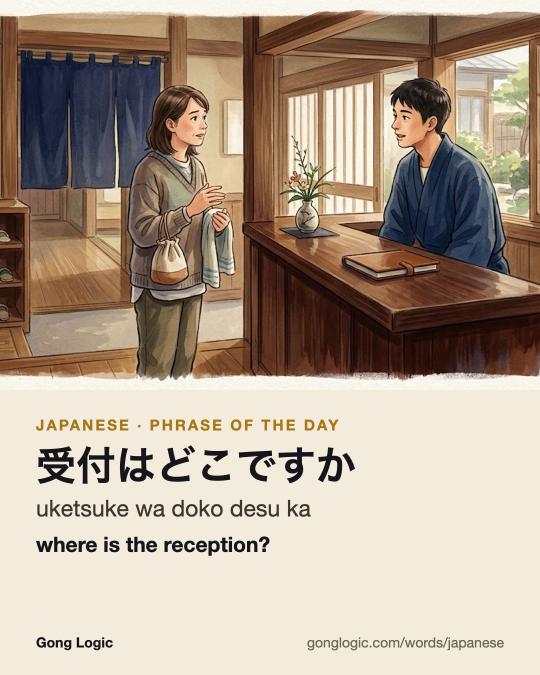The Japanese word 受付はどこですか, illustrated