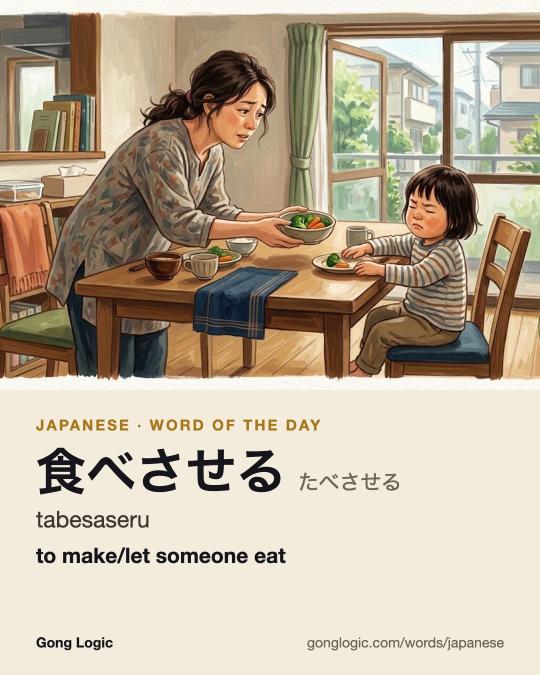 The Japanese word 食べさせる, illustrated