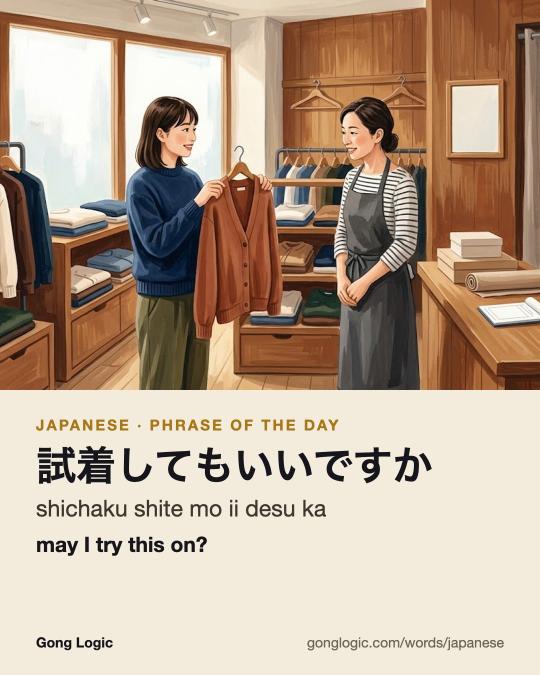 The Japanese word 試着してもいいですか, illustrated