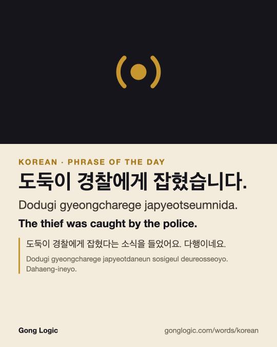 The Korean word 도둑이 경찰에게 잡혔습니다., illustrated